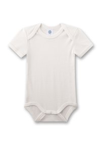 Kurzärmliger weißer Babybody aus weicher Baumwolle, mit rundem Ausschnitt und Druckknöpfen am Boden für einfaches Ankleiden.