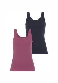 Twee tanktops: één in diep marineblauw en één in mauve. Beide hebben een ronde halslijn, een aansluitende pasvorm en zijn gemaakt van zachte katoen.