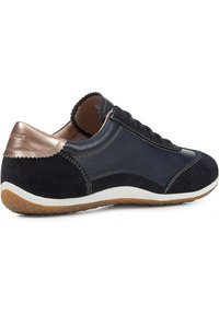 Zapatillas navy con paneles de ante y cuero, suela de goma blanca, acento de cuero con forma de concha y cordones redondos. La parte superior texturizada añade detalle.