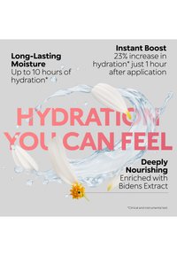 Wasserspritzer und Blütenblätter um den Text, der 10 Stunden Feuchtigkeitsversorgung, 23% Feuchtigkeitssteigerung in 1 Stunde und nährenden Bidens-Extrakt hervorhebt.