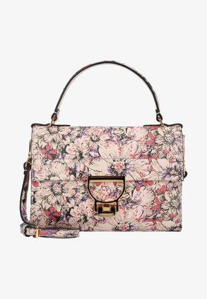 Sac à main à motifs floraux avec des fleurs roses, violettes et rouges, fermoir doré, poignée supérieure et bandoulière réglable.