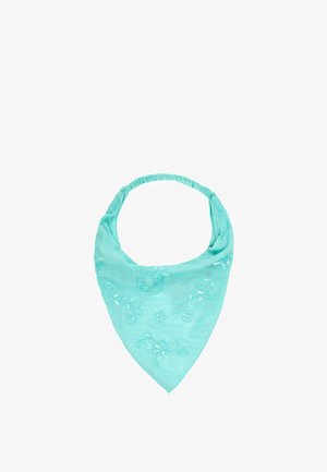 Lichtblauw stoffen hoofdbandje met elastische achterkant en kantdetail, versierd met kleine pailletten in bloemmotieven.