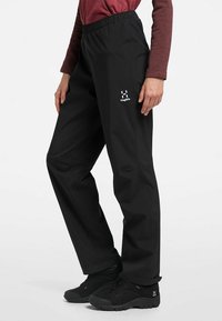 Person wearing black Haglöfs outdoor pants and black hiking shoes with a burgundy long-sleeve top, standing against a white background.