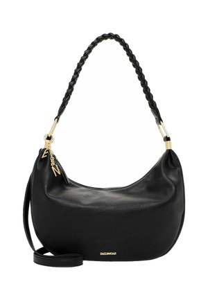 Borsa a mezzaluna in pelle nera con manico intrecciato, dettagli in oro e piccolo logo dorato al centro in basso.