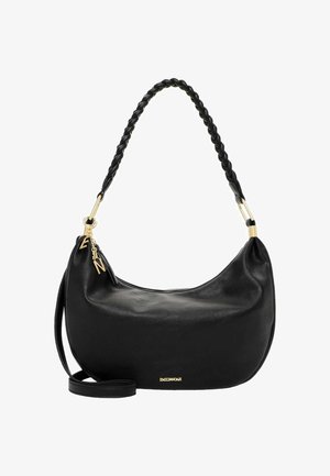 Bolso de mano de cuero negro en forma de media luna con asa trenzada, herrajes dorados y pequeño detalle del nombre de la marca en oro en la parte inferior central.