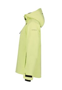 Wasserabweisende, leuchtend limegrüne Jacke mit Kapuze, Reißverschlusstaschen und verstellbaren Bündchen. Hergestellt aus glattem, strapazierfähigem Material.