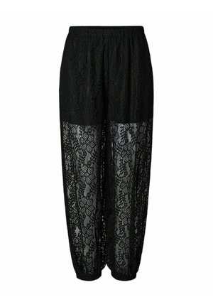 Zwarte kanten broek met elastische tailleband, ondoorzichtige bovenkant en doorschijnende gebloemde kanten pijpen die eindigen in elastische boorden.
