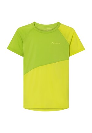 Leichtes Kurzarm-T-Shirt in leuchtendem Grün und Gelb, mit einem Farbblockdesign und glattem, strukturiertem Stoff. VAUDE-Logo sichtbar.