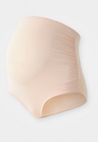 Beige színű formázó rövidnadrág sima, rugalmas anyagból, magas derekú kialakítással és gyűrött oldalakkal a kényelem érdekében. Nincsenek látható záródások vagy díszítmények.