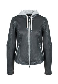 Schwarze Lederjacke mit grauem Kapuzenpulli. Hat einen Reißverschluss auf der Vorderseite, zwei seitliche Taschen und kontrastierende Nähte. Abgerundeter Saum und taillierter Schnitt.