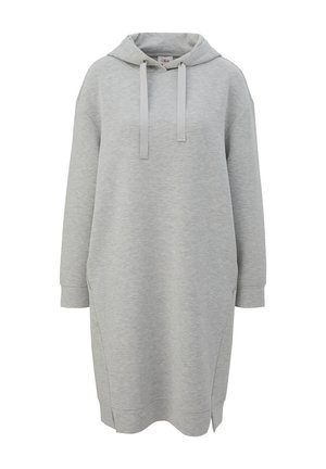 Helles graues Sweatkleid mit Kapuze, aus weichem Stoff, bietet eine lockere Passform, lange Ärmel und Seitenschlitze am Saum für Bewegungsfreiheit.