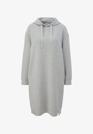 Jasnoszara sukienka dresowa z kapturem, wykonana z miękkiego materiału, charakteryzuje się luźnym krojem, długimi rękawami oraz bocznymi rozcięciami na dole dla większej swobody ruchów.