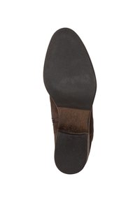 Brązowe zamszowe botki za kostkę z teksturowaną czarną gumową podeszwą. Zamek błyskawiczny z boku oraz nadrukowany wzór na wkładce, rozmiar 37.