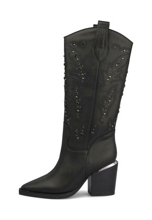 Bota vaquera negra hasta mitad de la pantorrilla con punta afilada, tacón de bloque, costuras decorativas y pequeños tachones de metal en la parte superior de cuero.