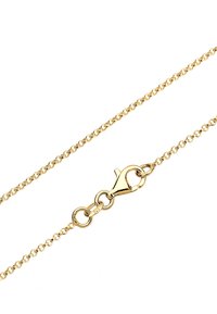 Goldfarbener Metallkettenanhänger mit runden Gliedern, ausgestattet mit einem Karabinerverschluss und einem kleinen runden Etikett, das mit "925" für den Silbergehalt gekennzeichnet ist.