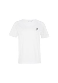 Weißes Baumwoll-T-Shirt mit kurzen Ärmeln, Rundhalsausschnitt und einem kleinen schwarzen Grafikdesign auf der linken Brust. Glatte Textur, lässige Passform.