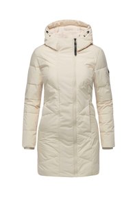 Manteau rembourré de couleur beige clair avec un col haut et une capuche ajustable. Il dispose d'un zip frontale intégral, de poches latérales et d'accents côtelés aux poignets.