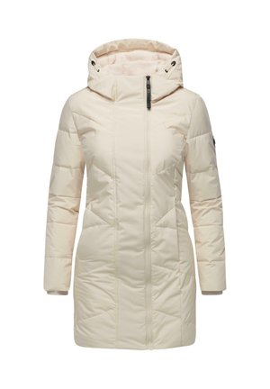 Manteau rembourré de couleur beige clair avec un col haut et une capuche ajustable. Il dispose d'un zip frontale intégral, de poches latérales et d'accents côtelés aux poignets.