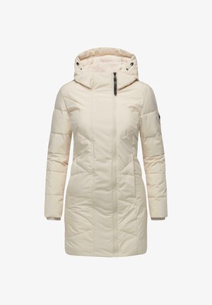 Manteau rembourré de couleur beige clair avec un col haut et une capuche ajustable. Il dispose d'un zip frontale intégral, de poches latérales et d'accents côtelés aux poignets.