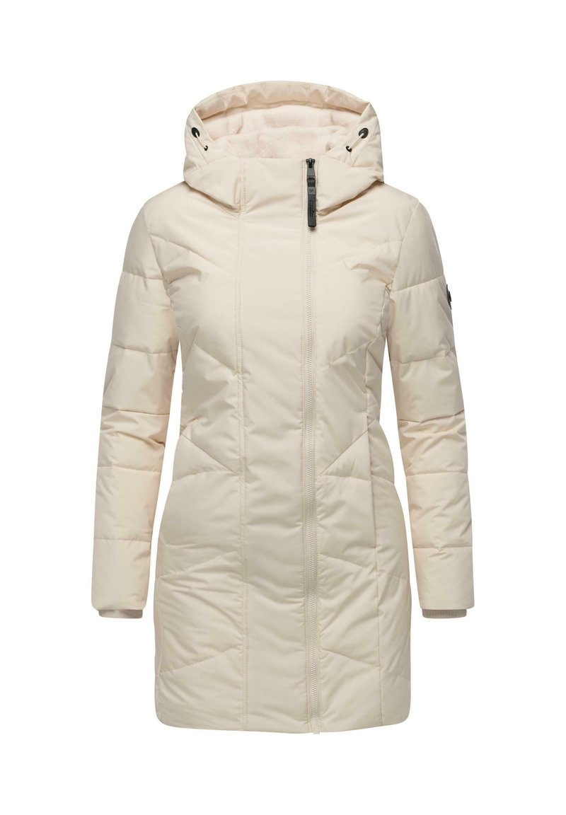 Manteau rembourré de couleur beige clair avec un col haut et une capuche ajustable. Il dispose d'un zip frontale intégral, de poches latérales et d'accents côtelés aux poignets.