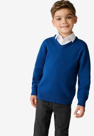Un pull bleu à col en V en tissu tricoté, avec des poignets et un ourlet côtelés ; porté sur une chemise blanche à col, associé à un pantalon gris foncé.
