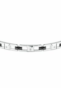 Braccialetto in catena argento con link in metallo lucido alternati a dettagli in smalto nero, caratterizzato da piccoli dettagli quadrati e a diamante.