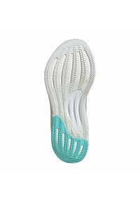 Suola della scarpa con un design testurizzato in bianco e turchese chiaro. Presenta scanalature per la trazione e una forma liscia e contornata.