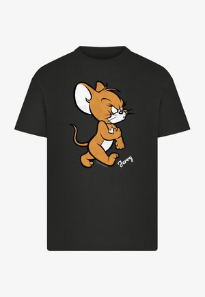 Schwarzes Baumwoll-T-Shirt mit einem orangefarbenen Cartoon-Maus-Charakter mit großen Ohren und einem schelmischen Gesichtsausdruck, das auf der Vorderseite gedruckt ist.