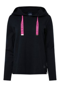 Felpa nera con maniche lunghe, lacci rosa con logo, dettagli in metallo argentato e fessure laterali all'orlo per stile e comfort.
