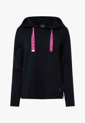 Sort hættetrøje med lange ærmer, lyserøde snore med logo, sølvfarvede hardware-detaljer og sideskår i kanten for stil og komfort.