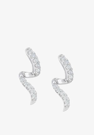 Hõbedast kõrvarõngad, mis on kujult keerdunud kõverad, kaunistatud läbipaistvate kivikestega mööda disaini, millel on teravad otsad lisadetailide jaoks.