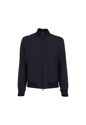 Giacca leggera nera con cerniera frontale, collo alto, polsini e orlo a coste, mostrata su sfondo bianco.