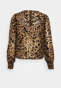 Leopardenmuster-Bluse in Beige und Schwarz mit langen Ärmeln, hohem Kragen und einem Rückendetail mit Schlüsselloch. Hergestellt aus weichem, strukturiertem Stoff.