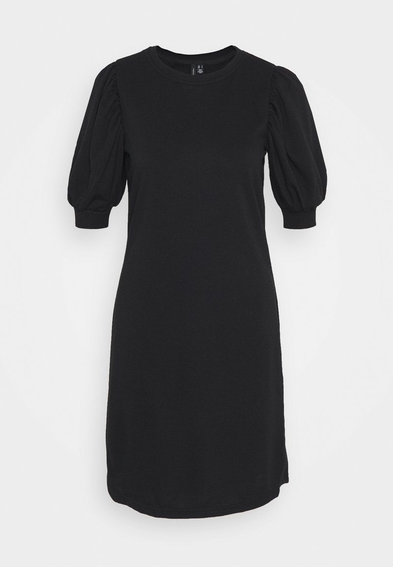 Robe noire longueur genoux avec col rond et manches courtes bouffantes se terminant par des poignets ajustés.