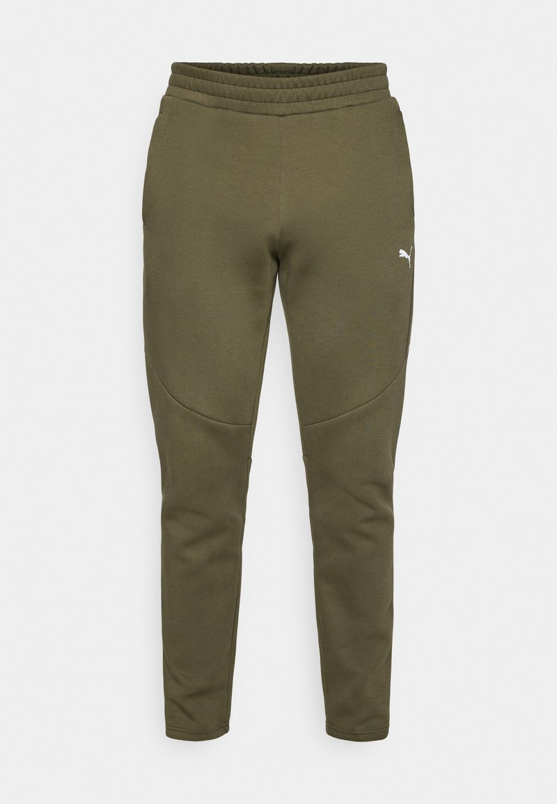 Pantalons de survêtement vert olive avec une coupe fuselée, une taille élastique et un petit logo blanc sur le côté gauche. Tissu doux avec une texture lisse.