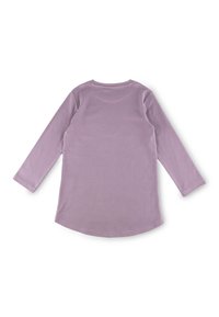 Long-sleeve lavender t-shirt with a rounded hem and crew neckline. Smooth, soft cotton fabric with a plain texture and no additional details.