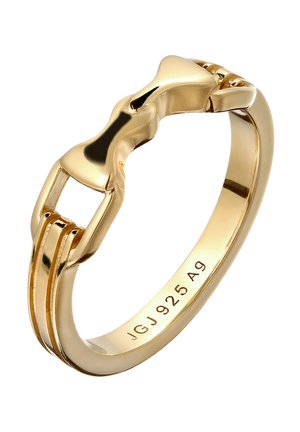 Gold-toned ring with a horse bit design and engraved "JGJ 925 Ag" inside the band indicating sterling silver material.