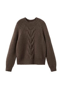 Maglione marrone lavorato a maglia con scollo rotondo, maniche lunghe e un motivo a treccia che scende davanti. Fondo e polsini a coste.