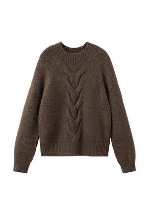 Pull en tricot marron avec un col rond, des manches longues et un motif en torsades sur le devant. Ourlets et poignets côtelés.