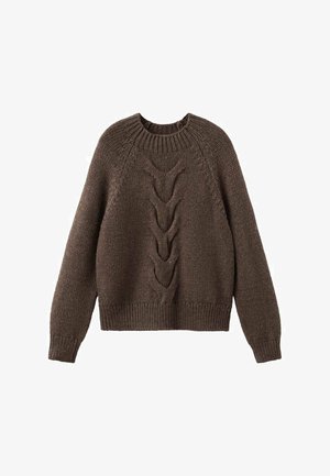 Suéter marrón de punto con cuello redondo, mangas largas y un diseño de punto trenzado que recorre la parte frontal. Dobladillo y puños acanalados.