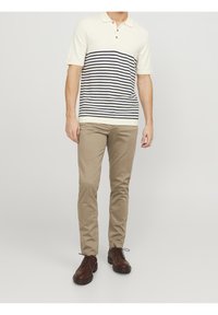 Uomo in camicia polo a maniche corte striped crema e blu navy, pantaloni beige e scarpe stringate marroni scure, in piedi su uno sfondo chiaro.