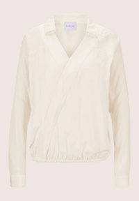 Langärmlige, cremefarbene Bluse mit Wickeldesign, V-Ausschnitt und elastischem Saum. Glatter Stoff mit Seitennähten und einem Kragen.