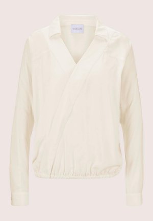 Lange mouwen, crèmekleurige blouse met een wikkeldesign, V-hals en elastische zoom. Gladde stof met zijnaaddetails en een kraag.