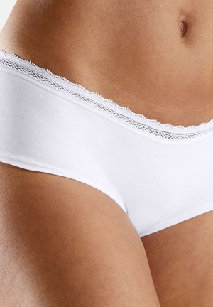 White cotton panties with a soft texture and scalloped lace trim along the waistband, featuring a low-rise design and smooth finish.