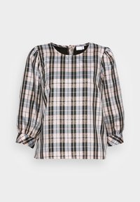 Ruudullinen paita, jossa on pyöreä pääntie, puffihihat ja sekoitus pastellisävyjä, kuten vaaleanpunainen, sininen ja ruskea. sisältää metallisen kiillon.