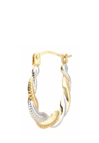 Orecchini a cerchio intrecciati in oro e argento, caratterizzati da una superficie testurizzata e una chiusura sicura. Il design mette in risalto finiture metalliche contrastanti.