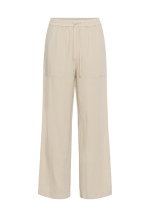 Beige wide-leg pants with an elastic waistband and drawstring, featuring two front pockets and a soft, textured fabric.