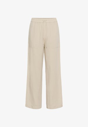 Bežid laiad püksid elastse vöökoha ja nööriga, millel on kaks esi-taskut ja pehme tekstuuriga kangas.