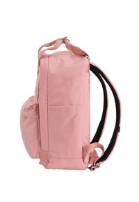 Pink nylon backpack with adjustable straps, front pocket, and two side mesh pockets. Smooth texture with a rectangular shape.