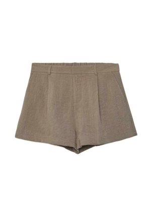 Shorts beige taille haute, cintrés avec passants de ceinture, plis sur le devant et ourlet légèrement évasé, adaptés à une tenue décontractée ou formelle.